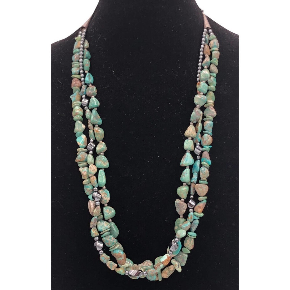 NATIVE SOUTHWEST Blue Green Turqoise Hematite Beaded NUGGET NECKLACE 149g 28”
